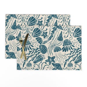 Coastal Chic Placemats (Set of 2) - Jellyfish by raghda_s - Under The Sea Jellyfish Teal Minimalist Ocean Cloth Placemats by Spoonflower
