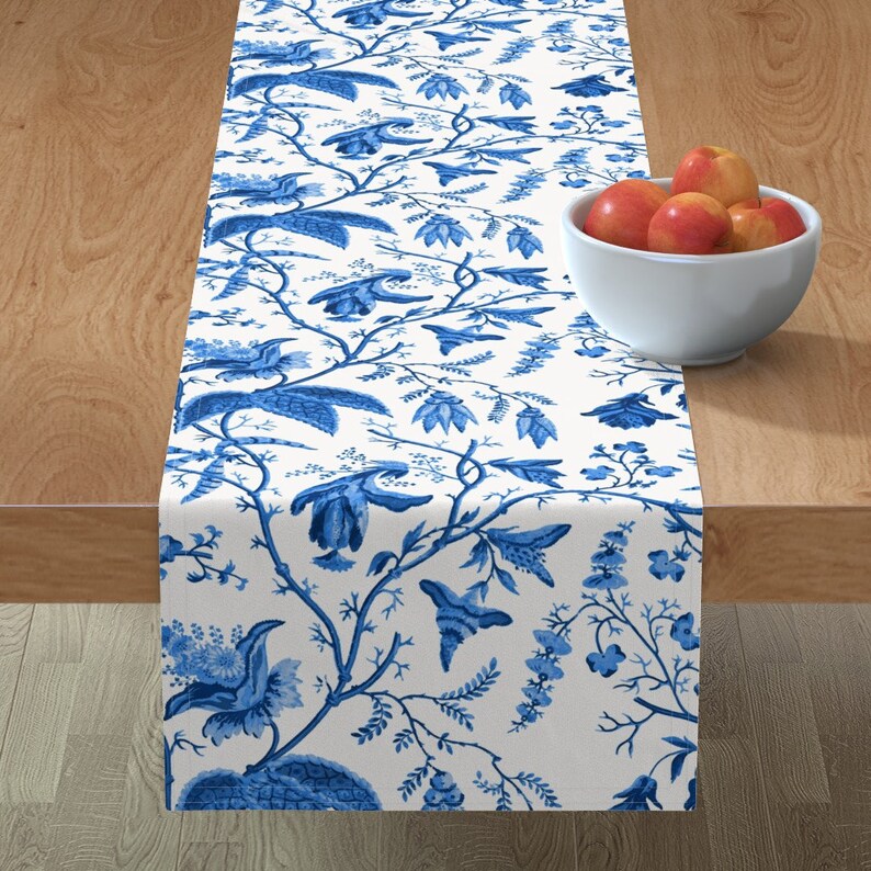 Blue Table Runner Chinese Garden in Cobalt by Etsy