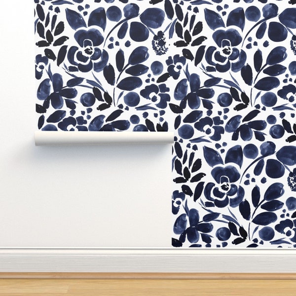 Bold Watercolor Commercial Grade Wallpaper - Navy Floral by crystal_walen - Dark Indigo Blue Wallpaper Double Roll by Spoonflower