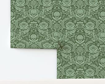 Green Damask Non-Pasted Wallpaper Victorian Garden Botanical Dragonfly - Victorian Floral by me_coco_design Wallpaper by Spoonflower