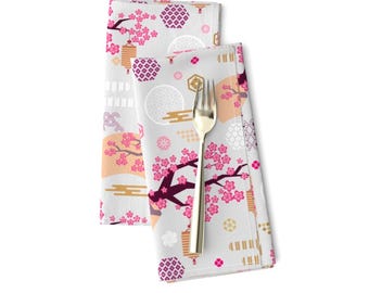 Asian Dinner Napkins Set of 2 - Nature Clouds Chinese Sakura Dragonfly Flat Fan Minimalism Cloth Napkins - Japanese Pattern by mistletoe_art