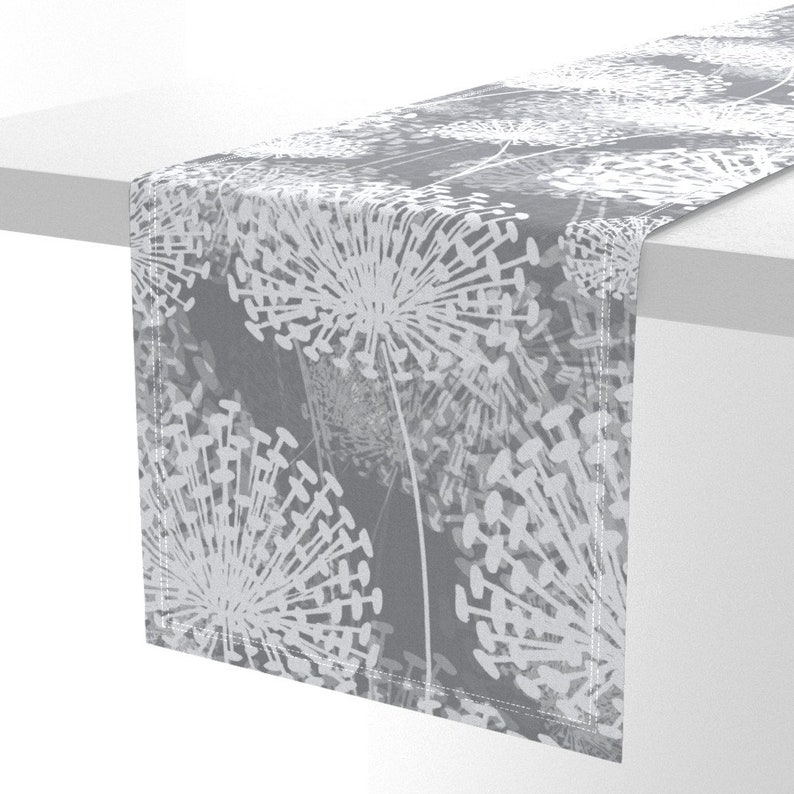 Large Scale Floral Table Runner - White Flowers Modern Gray Dandelion Cotton Sateen Table Runner - Gray Dandelions by chicca_besso image 5