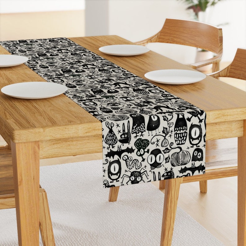 Black Table Runner Gothic Halloween Monsters by mint_tulips White Autumn Fall Monster Pumpkin Cotton Sateen Table Runner by Spoonflower image 2