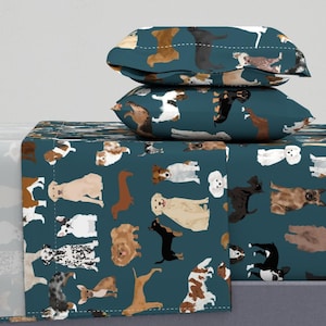 Dog Breeds Sheets - Dogs On Navy by petfriendly - Watercolor Large Scale Rescue Dogs Cotton Sateen Sheet Set Bedding by Spoonflower