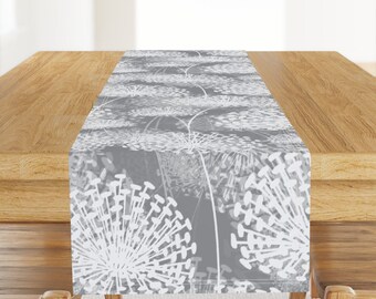 Large Scale Floral Table Runner - Gray Dandelions by chicca_besso - White Flowers Modern Gray Cotton Sateen Table Runner by Spoonflower
