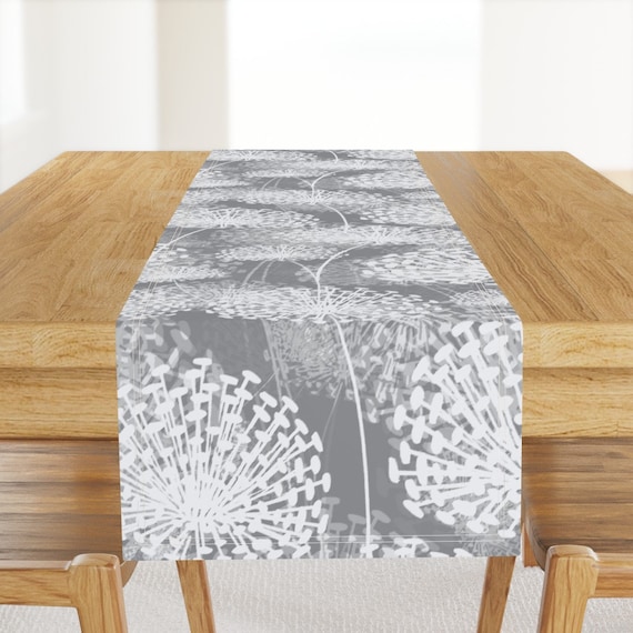 Large Scale Floral Table Runner - White Flowers Modern Gray Dandelion Cotton Sateen Table Runner - Gray Dandelions by chicca_besso