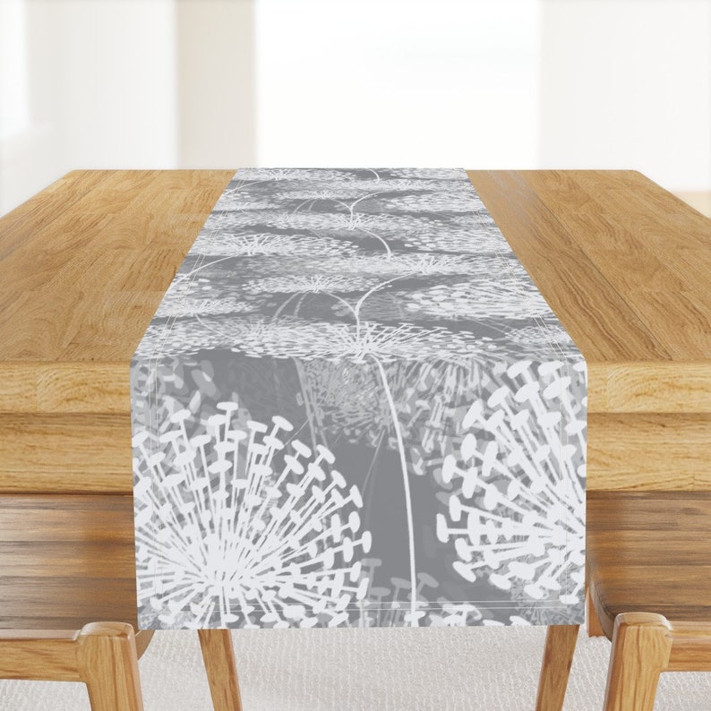 Large Scale Floral Table Runner - White Flowers Modern Gray Dandelion Cotton Sateen Table Runner - Gray Dandelions by chicca_besso image 1