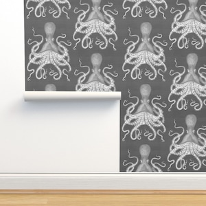 Nautical Non-Pasted Wallpaper - Octopus Oasis Gray by willowlanetextiles - Whimsical Steampunk Octopus  Wallpaper Double Roll by Spoonflower