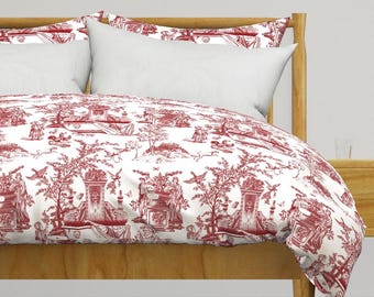 Romantic Victorian Bedding - Whimsical Red Toile by chicca_besso - Red White Vintage Toile Du Jouy Cotton Sateen Duvet Cover OR Pillow Shams