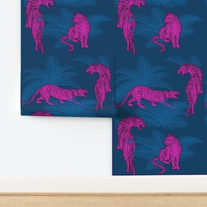 Maximalist Tigers Non-Pasted Wallpaper - Jungle Tigers Bright by 2birdstone - Neon Pink Opulent Jungle Wallpaper Double Roll by Spoonflower