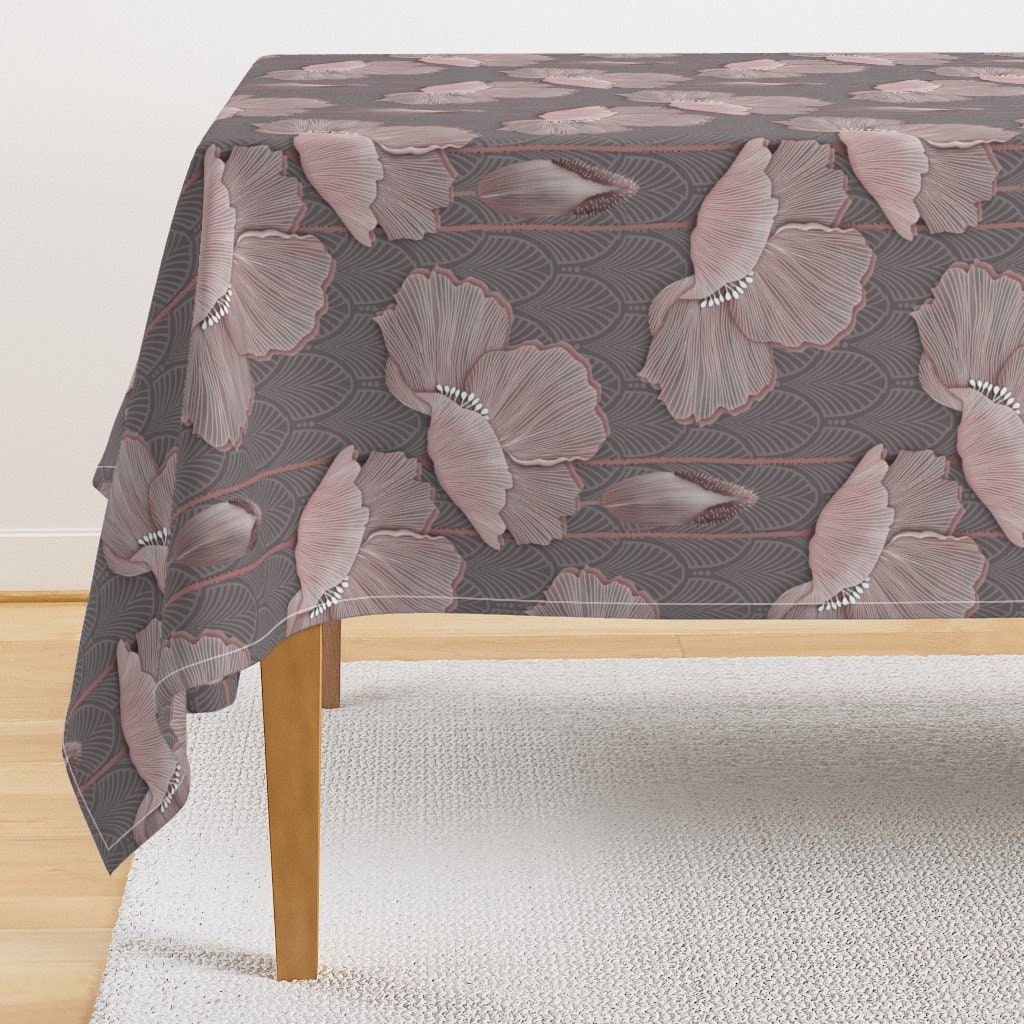 1920s Glamour Tablecloth Art Deco Poppies by j9design Large Scale Floral Blush Pink Gray Cotton Sateen Tablecloth by