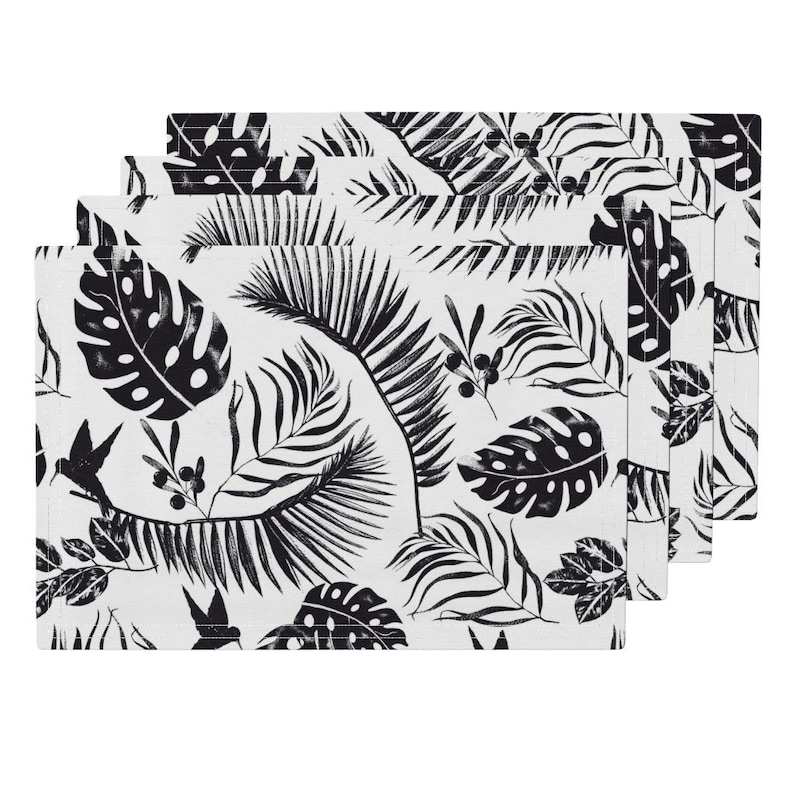Set of 4 Hummingbirds Cloth Placemats by Spoonflower - Black And White Tropical Leaf by andrea/_haase/_design Jungle Placemats