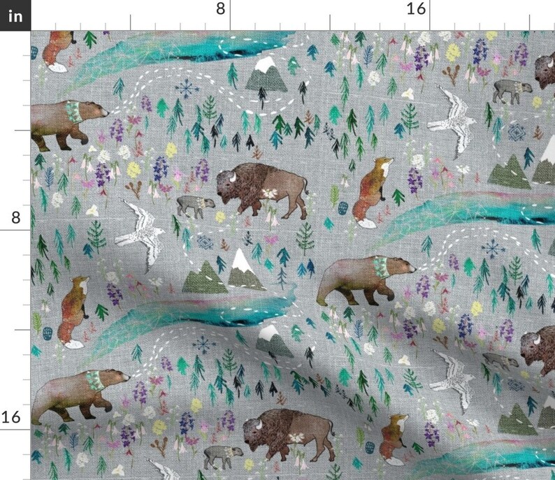 Rustic Forest Bison Fox Cloth Napkins by Spoonflower - Summer Aurora by nouveau/_bohemian Woodland Whimsical Dinner Napkins Set of 2