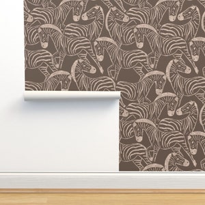 Neutral Zebra Non-Pasted Wallpaper - Zebra Stampede by kylielouise - Brown Earth Tone African Safari Wallpaper Double Roll by Spoonflower