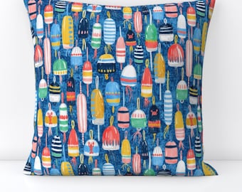 Watercolor Buoys Throw Pillow - Fishing Floats  Modern Beach House Decorative Square Throw Pillow - Lobster Buoys by helenpdesigns