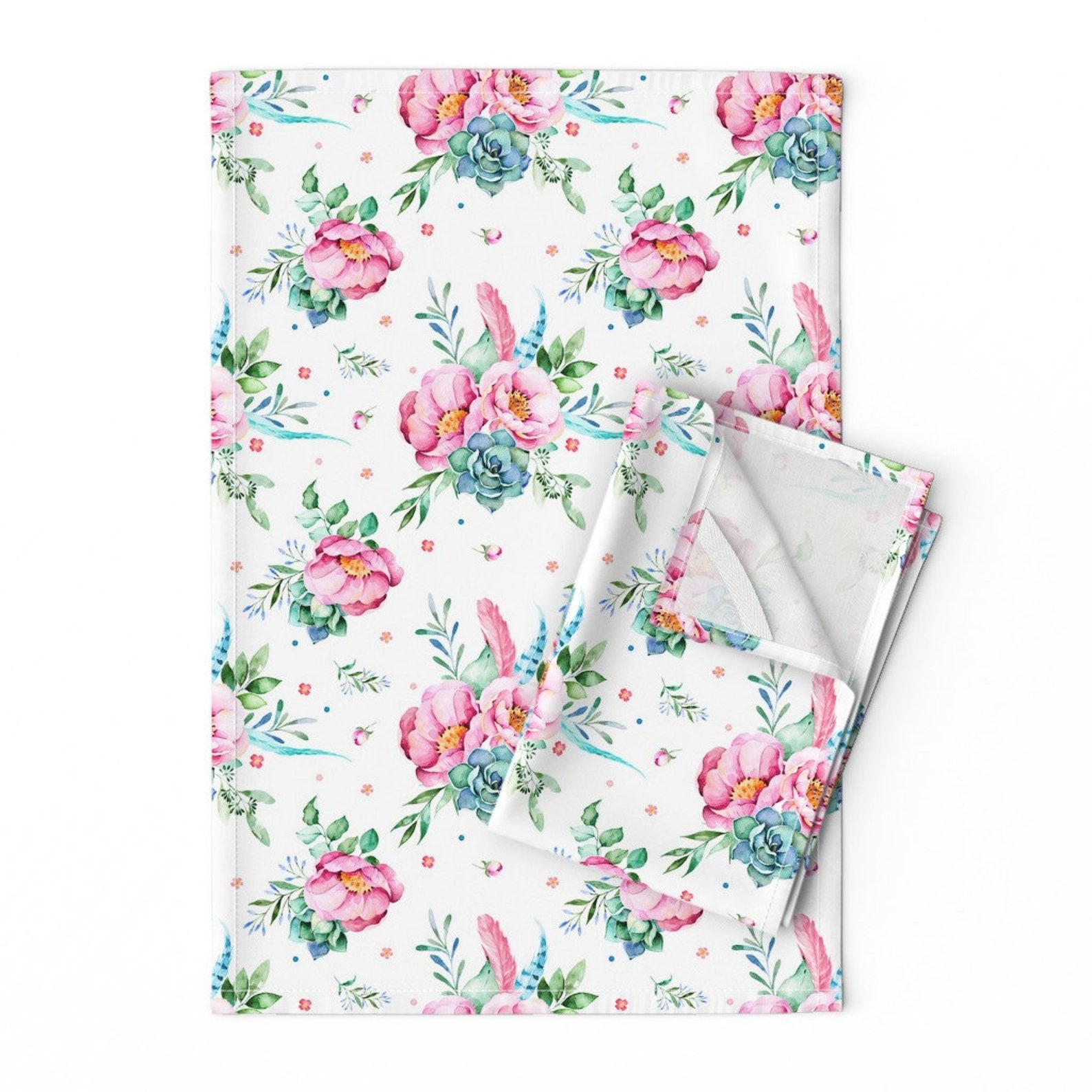 Pink Tea Towels Set of 2 Aqua & Pink Floral by shopcabin Etsy