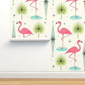 Kitsch 1950s Non-Pasted Wallpaper - Atomic Flamingo Oasis by studioxtine - Pink Flamingo Retro Inspired Wallpaper Double Roll by Spoonflower
