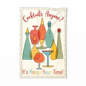 Mid Century Modern Tea Towel - It&#39;s Happy Hour by vo_aka_virginiao - Midcentury Mod Decanters  Linen Cotton Canvas Tea Towel by Spoonflower