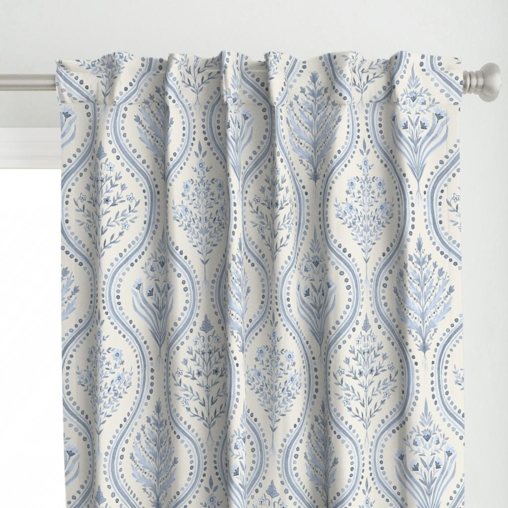 Light Blue Garden Curtain Panel - Large Botanical by danika_herrick - Grandmillennial Botanical Stripe Custom Curtain Panel by Spoonflower