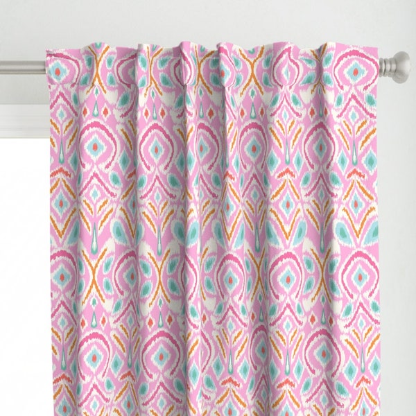 Summer Ikat Curtain Panel - Ikat Flower Pink by vivdesign - Pink Orange Large Scale Boho Tribal Style Custom Curtain Panel by Spoonflower