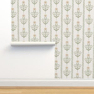 Vintage Floral Non-Pasted Wallpaper - Stripe Mustard by heightsdesignstudio - Yellow Cream Green Wallpaper Double Roll by Spoonflower