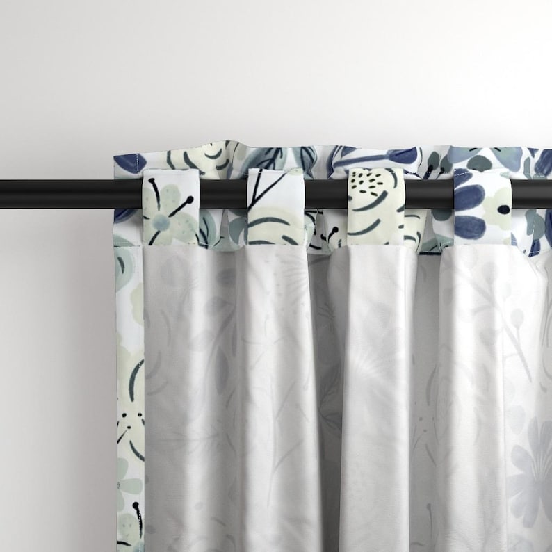 Blue Boho Floral Curtain Panel - Sage Green Floral Wilderness Large Scale Navy Blue Custom Curtain Panel - Flower Child Boho by roochita - image 4