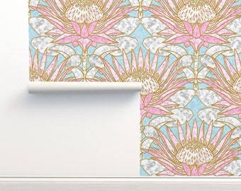 Marble Floral Non-Pasted Wallpaper Protea Bloom Pastel Boho - Blush Protea Art Deco by helenpdesigns Wallpaper Double Roll by Spoonflower
