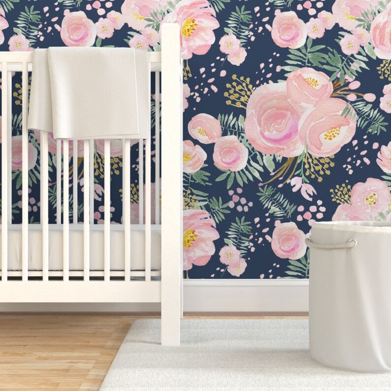 Pink Floral Commercial Grade Wallpaper Navy Floral Pink and Etsy