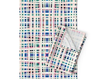 Plaid Geometric Tea Towels (Set of 2) - Out Of Line Large by rocketandindigo - Line Tartan Square Geo Linen Cotton Tea Towels by Spoonflower
