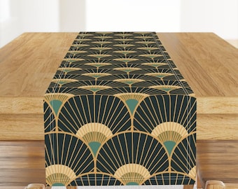 1920s Deco Table Runner - Fans Vintage Gold Teal Scallop Glamorous Luxurious Cotton Sateen Table Runner - Peacock Feather by pippa_shaw