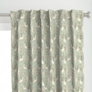 Whimsical Bunnies Curtain Panel - Bunnies Dusky Green by katherine_quinn - Easter Bunny Woodland Animals Custom Curtain Panel by Spoonflower