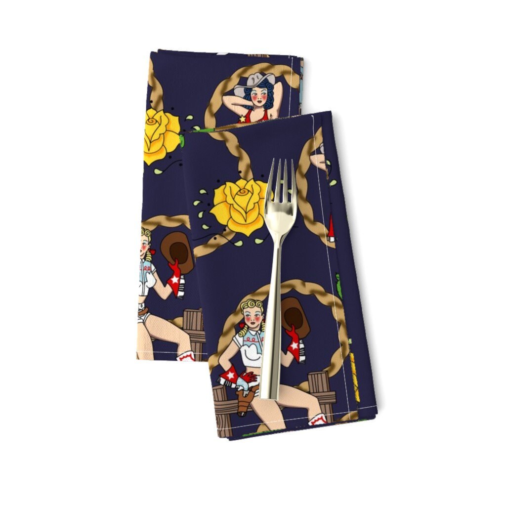 Cowgirl Dinner Napkins Set of 2 Yellow Rose Cowgirl by thirdhalfstudios Retro Rockabillly Western Rose Cloth Napkins by