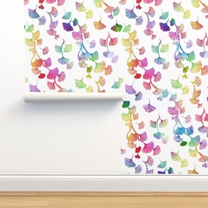 Watercolor Ginkgo Non-Pasted Wallpaper - Ginkgo Leaves Rainbow by adenaj - Colorful Ginkgo Biloba Wallpaper Double Roll by Spoonflower
