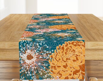 Autumn Flowers Table Runner - Japanese Inspired Large Scale Floral Cotton Sateen Table Runner - Japanese Chrysanthemum by helenpdesigns