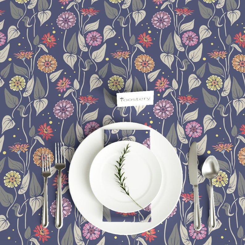 Floral Tablecloth Garden Stars Firefly Pink Circles Red Cotton Sateen Tablecloth by Spoonflower Zinnias Night Garden by katie/_hayes