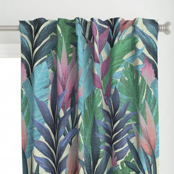 Groer botanischer Vorhang Panel - lebendige handgezeichnete Palmwedel rosa  blau grn Monstera Vorhang Panel - Tropische ra Xl by jenkb - - Etsy.de