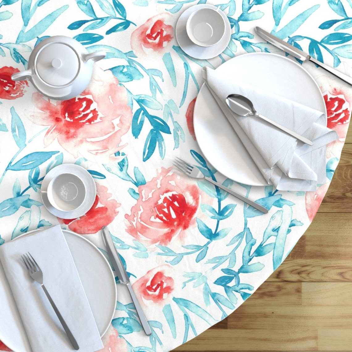 Floral Round Tablecloth Coral And Turquoise by anya_d Etsy