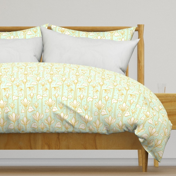 Mint Flowers Bedding - Art Deco Fleur De Minthe by arthousewife -  Vintage Green  Cotton Sateen Duvet Cover OR Pillow Shams by Spoonflower