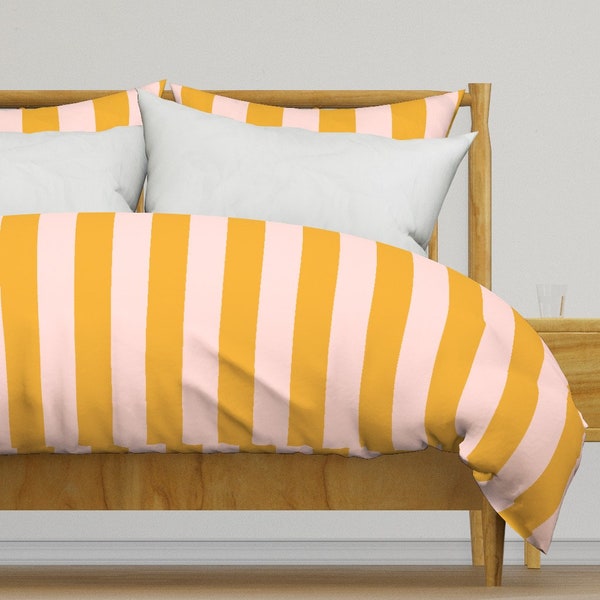 Pink Bedding - Pink Lemonade Stripes by acdesign - Bold Stripe Yellow Stripe Beach Cotton Sateen Duvet Cover OR Pillow Shams by Spoonflower
