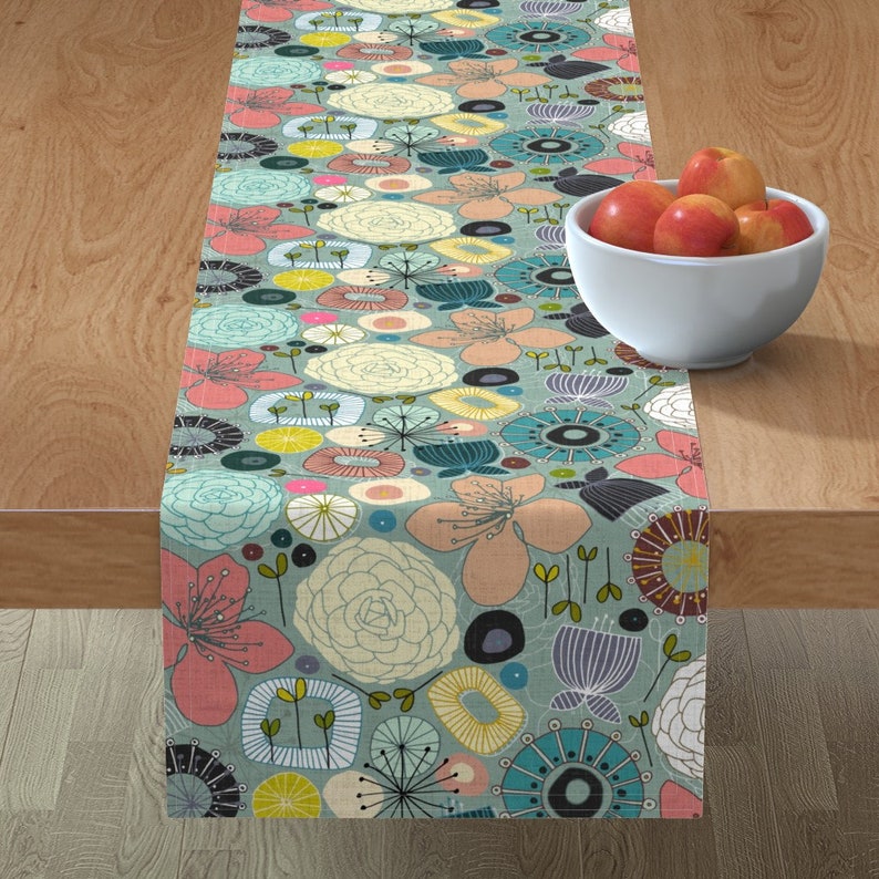 Oriental Blooms by scrummy Floral Japanese Garden Botanical Cotton Sateen Table Runner by Spoonflower Mid Century Modern Table Runner