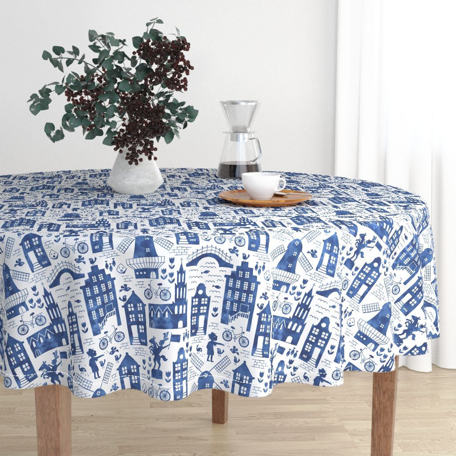 Dutch Round Tablecloth Holland Royal Delft Blue Watercolor Etsy