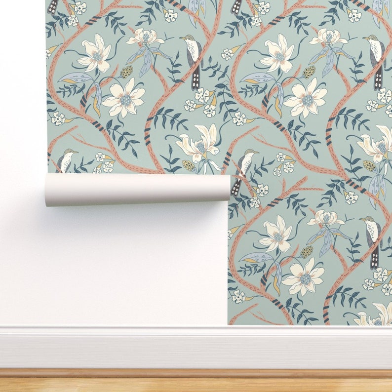 Jungle Chinoiserie Wallpaper Yellow Billed Cuckoo by Etsy