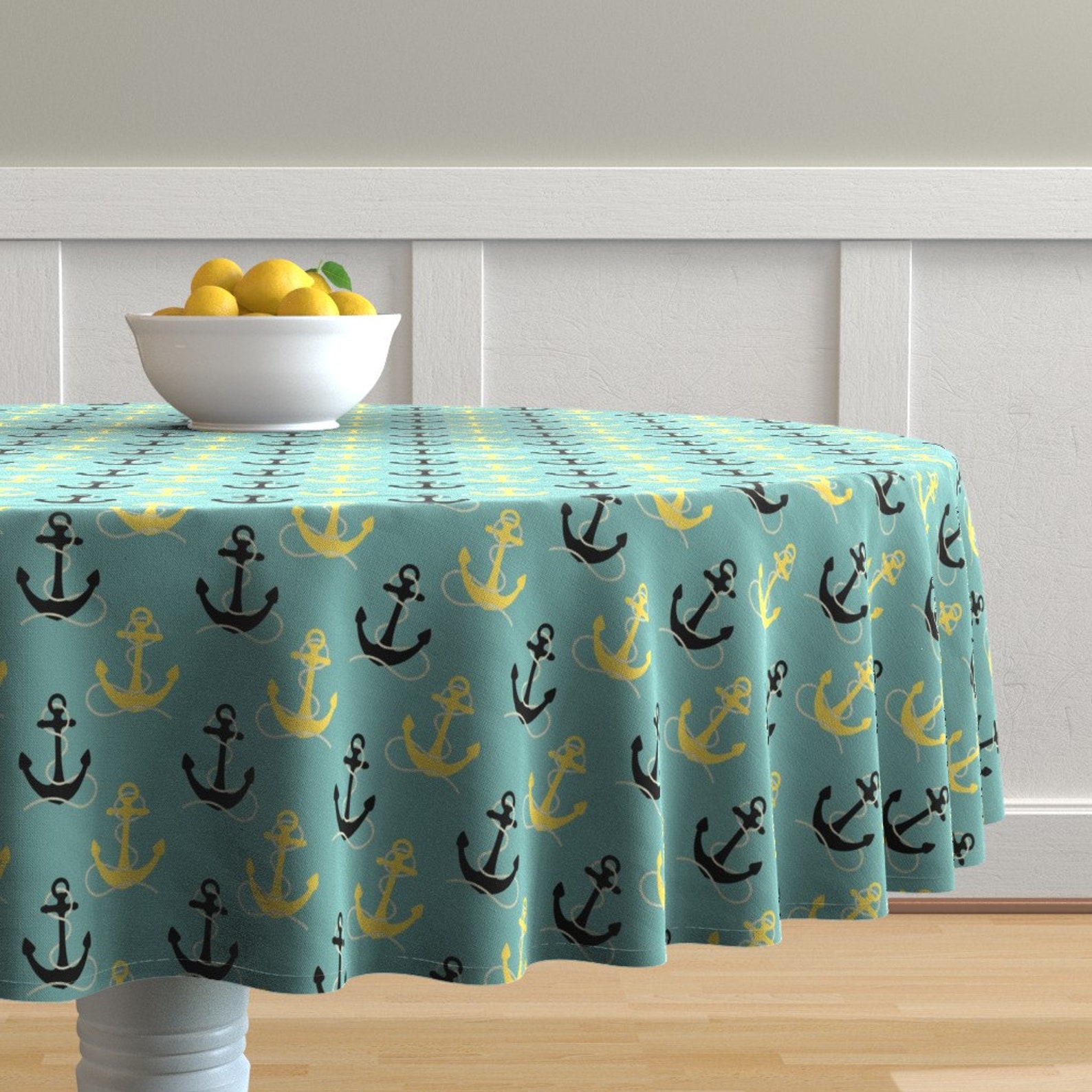 Nautical Round Tablecloth Black & Yellow Anchors On Aqua by | Etsy