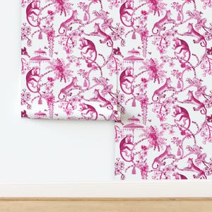 Maximalist Vintage Non-Pasted Wallpaper Bright Pink Hot Pink Toile Leopard Monkey - Chinoiserie by pattern_garden Wallpaper by Spoonflower