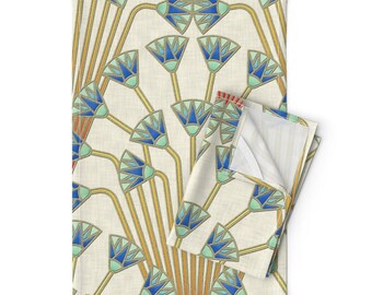 « Lot de 2 torchons Art déco - Papyrus de fleurs égyptiennes, or neutre, lin et coton - Fleurs de papyrus claires » par analinea