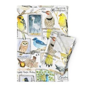 Natur Geschirrtücher (2er Set) - Aquarell Birding Briefmarken Groß von ramarama - Vögel Eule Pfau Rot Leinen Baumwolle Geschirrtücher von Spoonflower