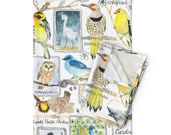 Natur Geschirrtücher 2er Set - Vögel Eule Pfau Aquarell Stempel Wildlife Blau Leinen Baumwolle - Aquarell Stempel Groß von ramarama