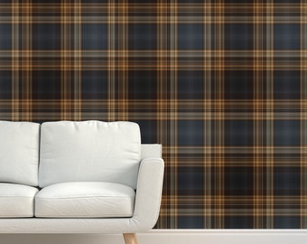 Tartan Grasscloth Wallpaper - Dark Blue and Brown Plaid by northern_whimsy - Rustic Scottish Cabin Textured Sisal Wallpaper by Spoonflower