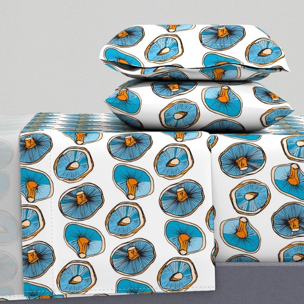 Woodland Mushroom Sheets - Mushroom Caps by kendrashedenhelm - Blue Orange Psychedelic Cotton Sateen Sheet Set Bedding by Spoonflower