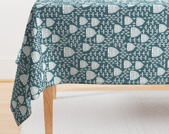 Honey Bee Tablecloth - Folk Bee Hives Linocut  by andrea_lauren - Blue White Andrea Lauren Vintage  Cotton Sateen Tablecloth by Spoonflower